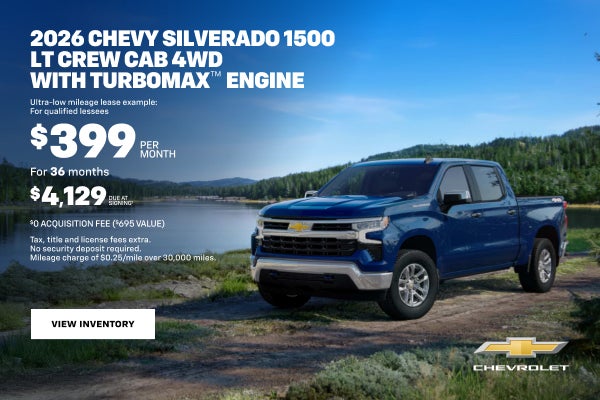 2026 Chevy Silverado 1500 LT Crew Cab 4WD with TurboMax Engine. Ultra-low mileage lease example: ...